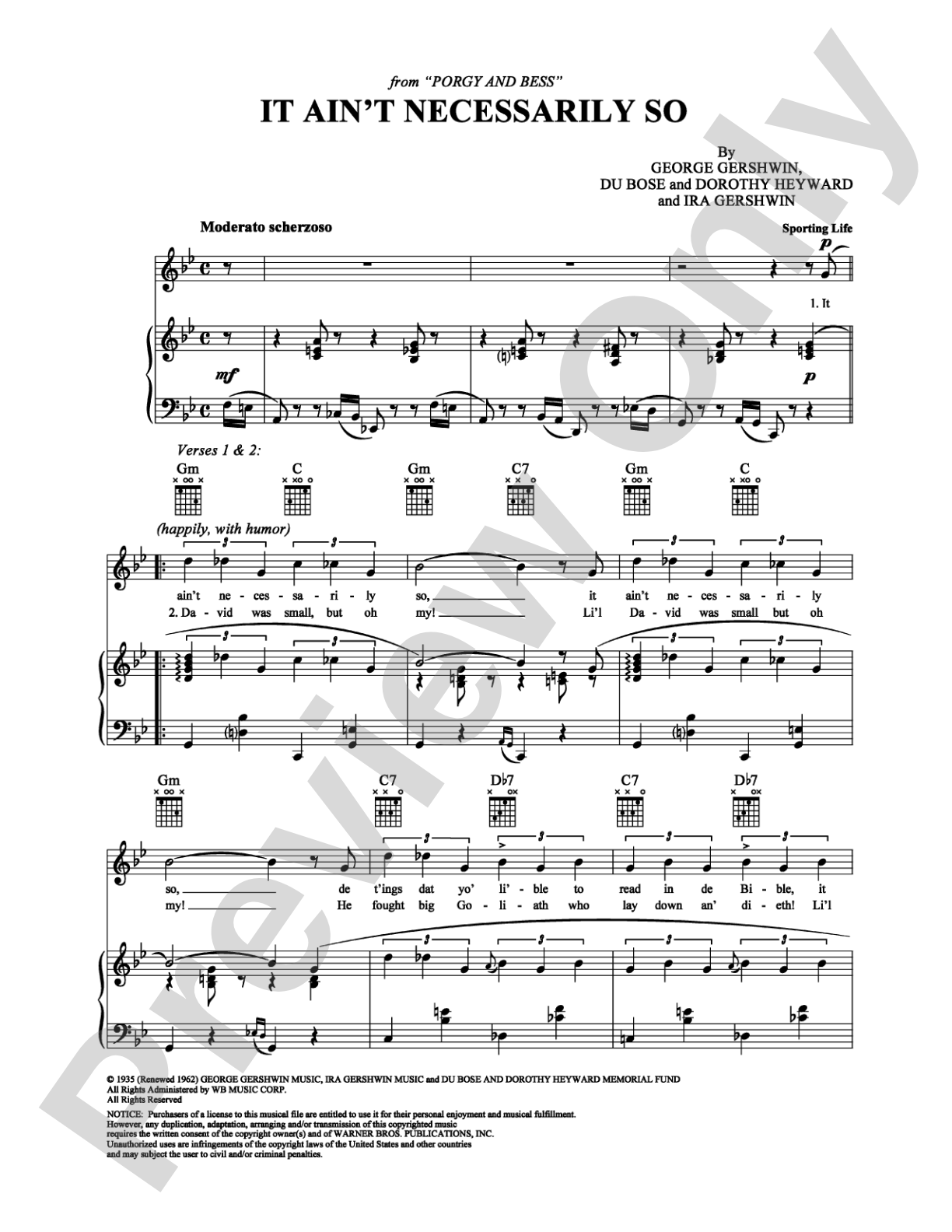 It Ain't Necessarily So: Piano/Vocal/Chords Digital Sheet Music