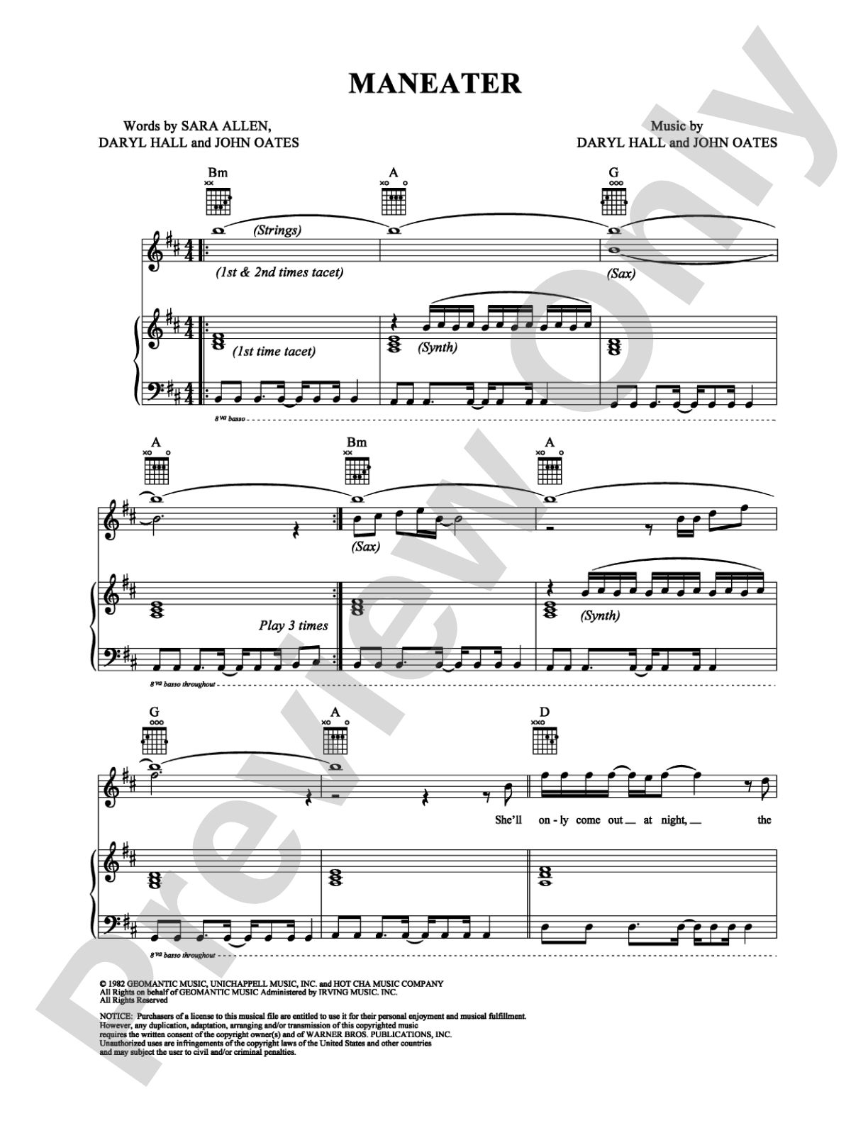 Maneater: Piano/Vocal/Chords Digital Sheet Music