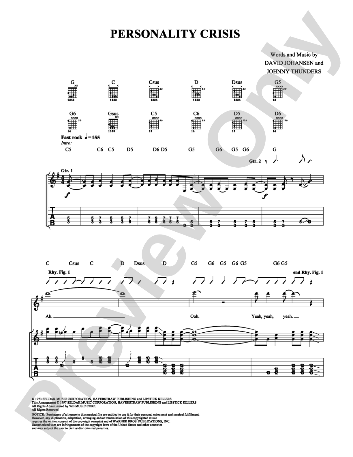 Personality Crisis: Guitar TAB Digital Sheet Music