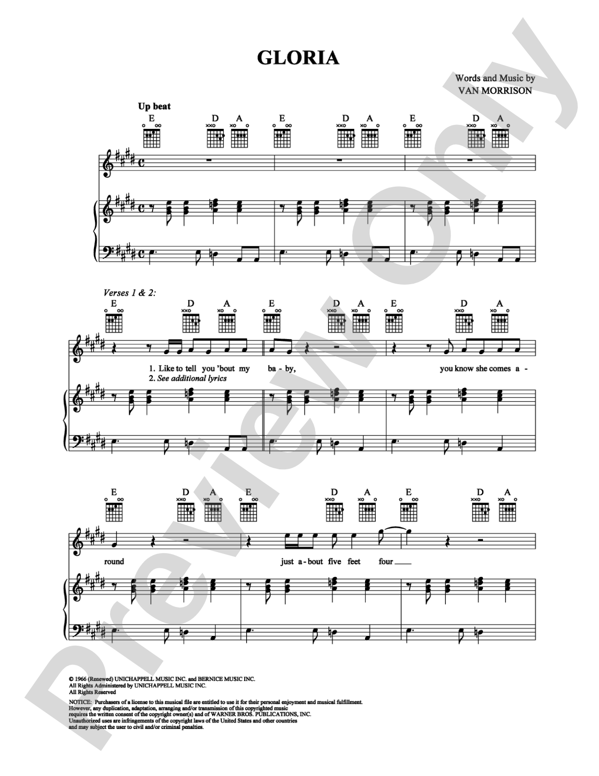 Gloria: Piano/Vocal/Chords Digital Sheet Music