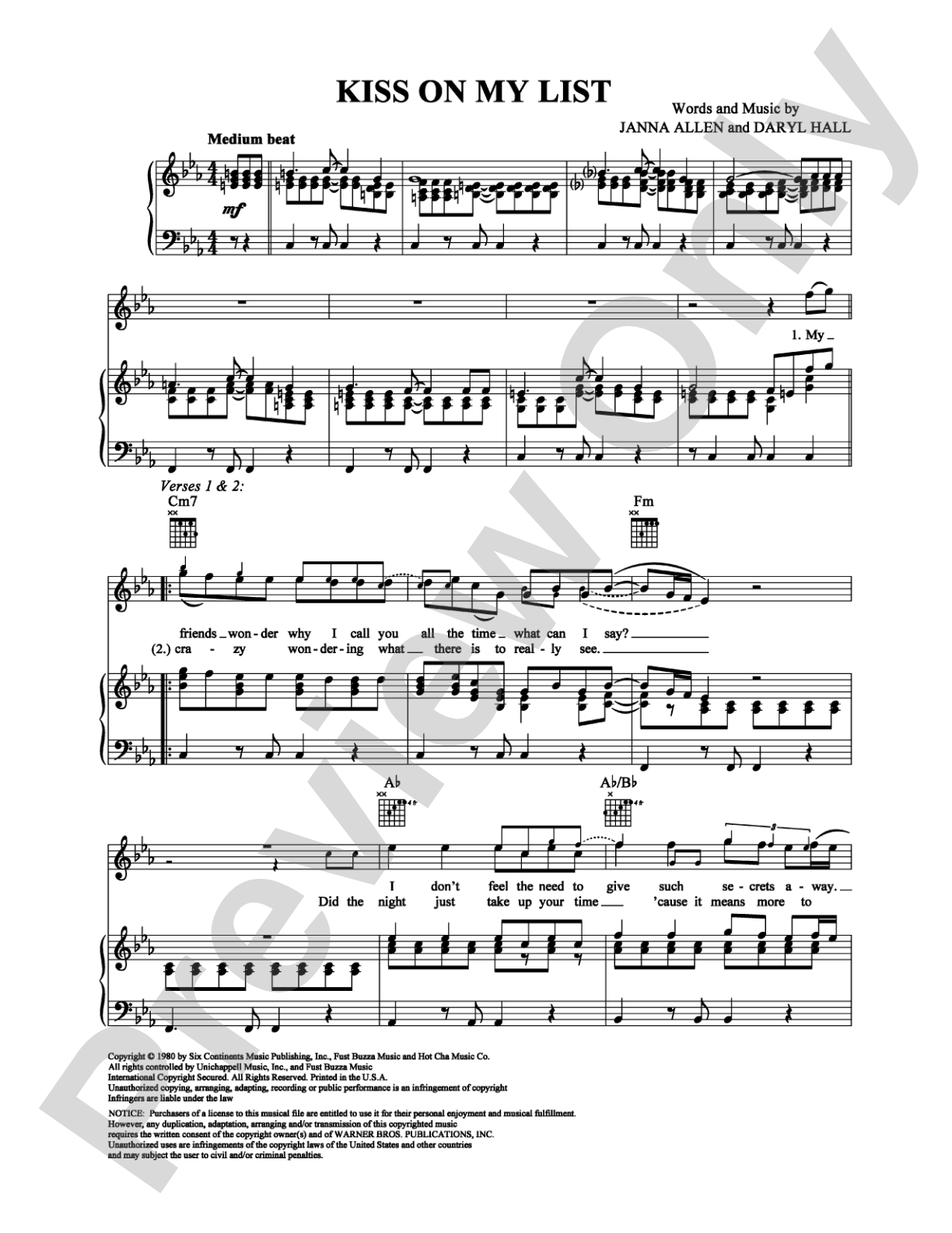 Kiss On My List: Piano/Vocal/Chords Digital Sheet Music