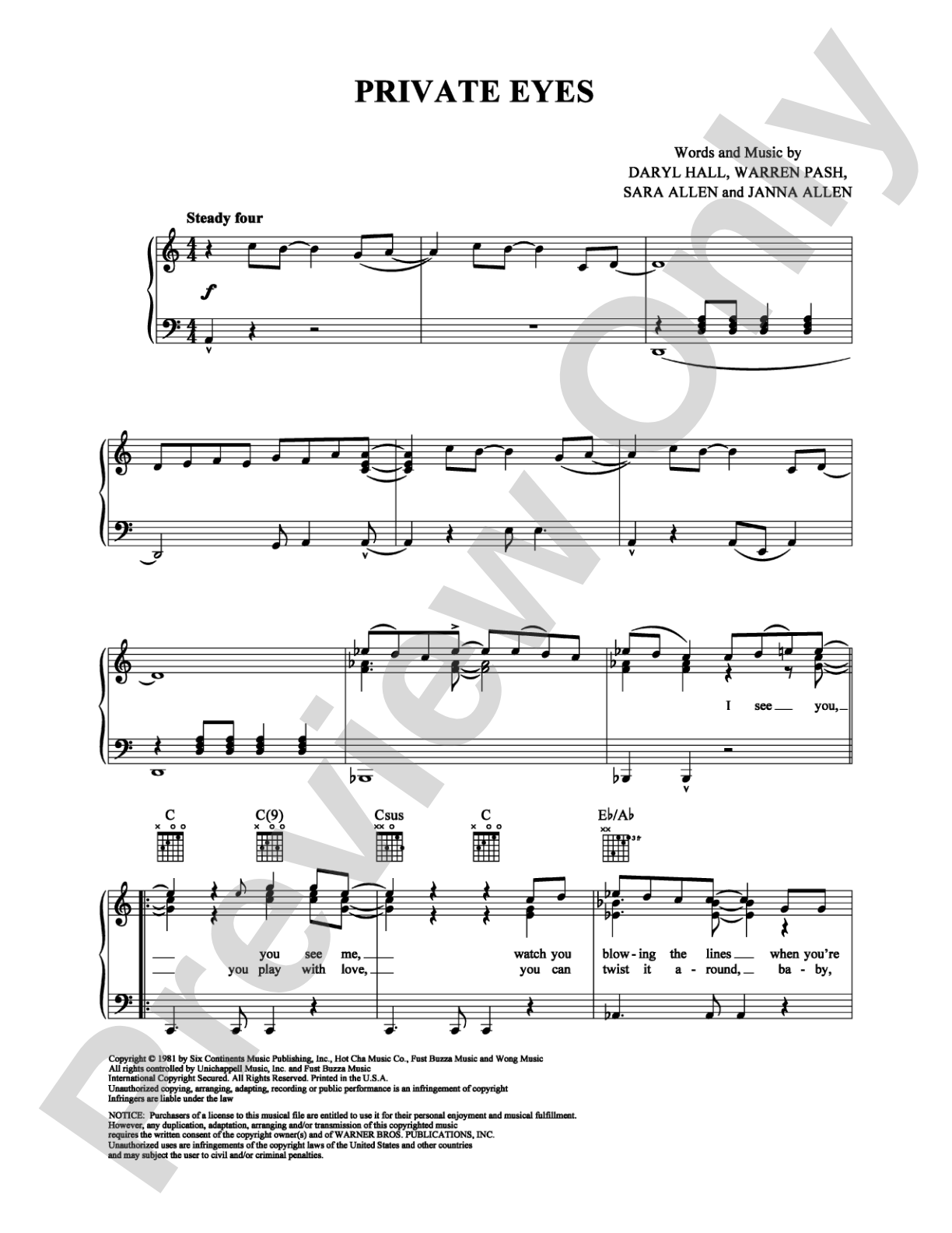 Private Eyes: Piano/Vocal/Chords Digital Sheet Music