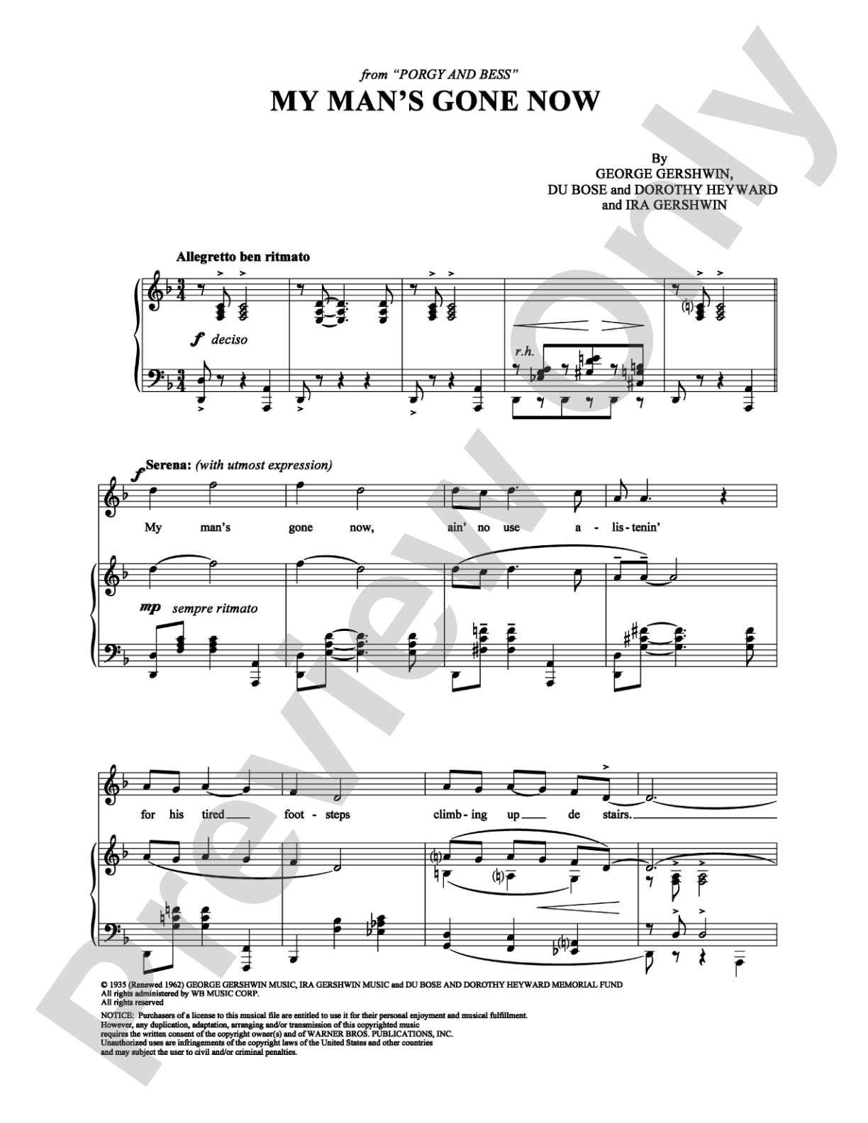 My Man's Gone Now: Piano/Vocal/Chords Digital Sheet Music