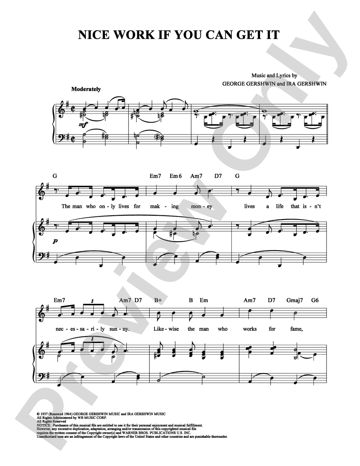 Nice Work If You Can Get It: Piano/Vocal/Chords Digital Sheet Music