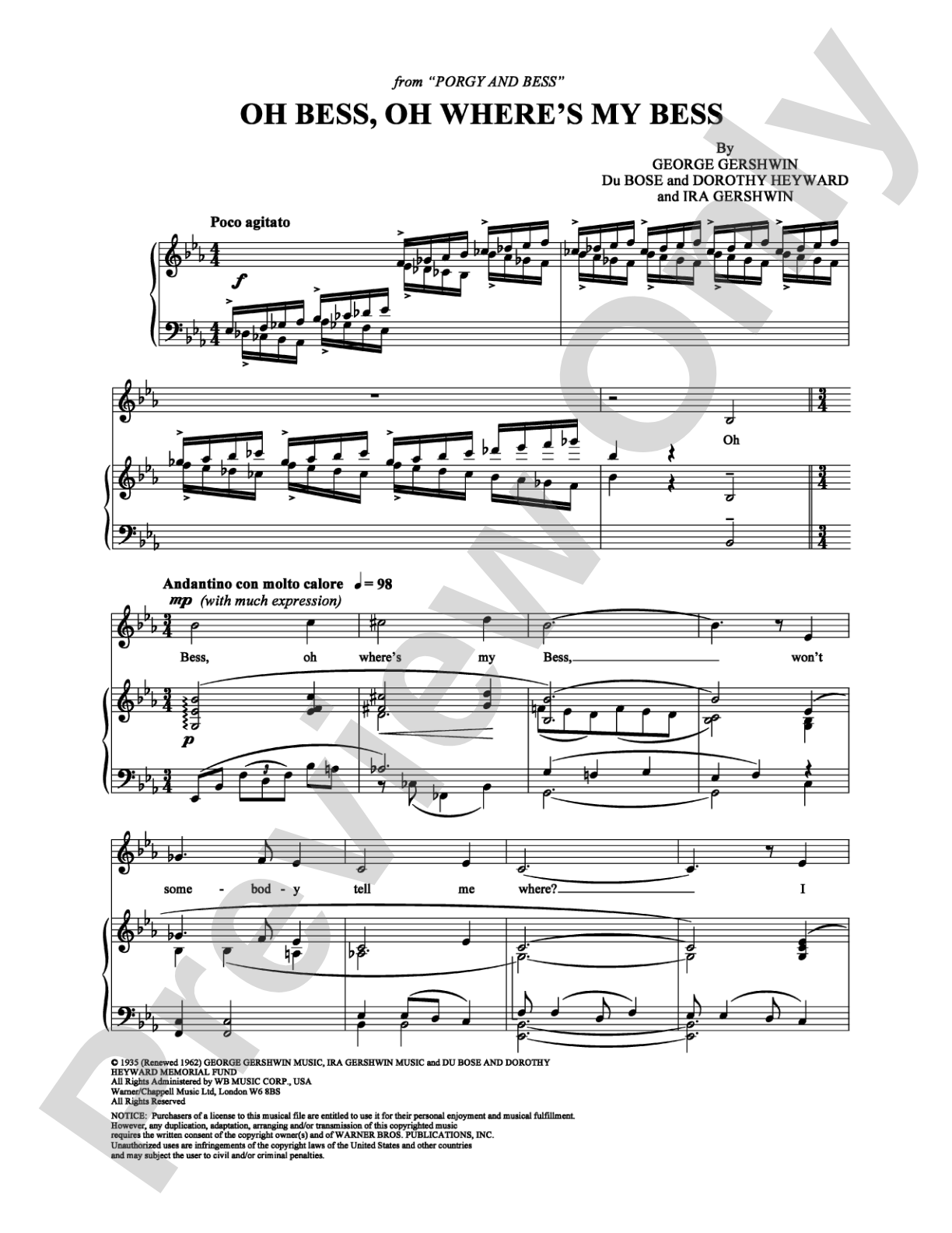 Oh Bess, Oh Where's My Bess: Piano/Vocal/Chords Digital Sheet Music