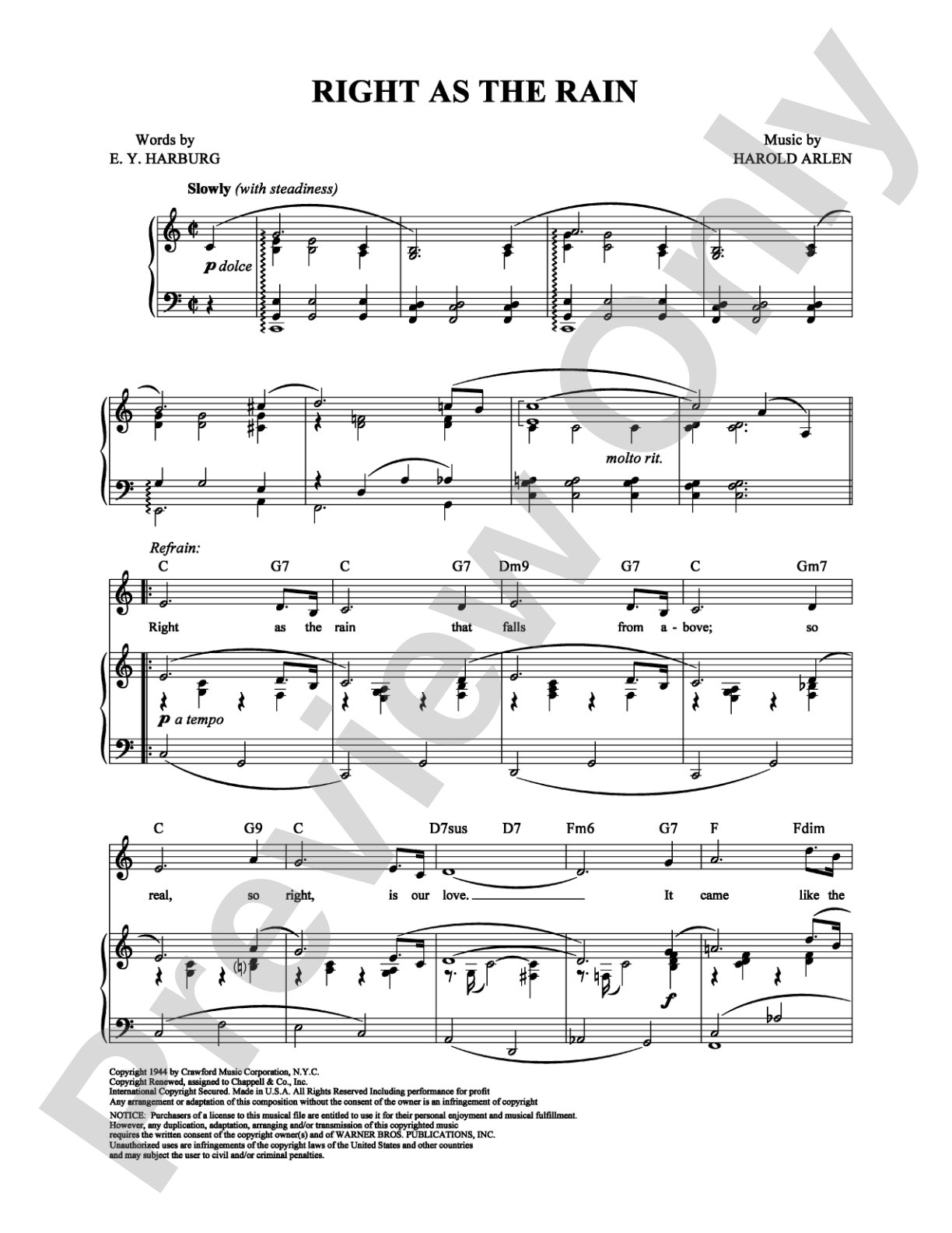 Right as the Rain: Piano/Vocal/Chords Digital Sheet Music