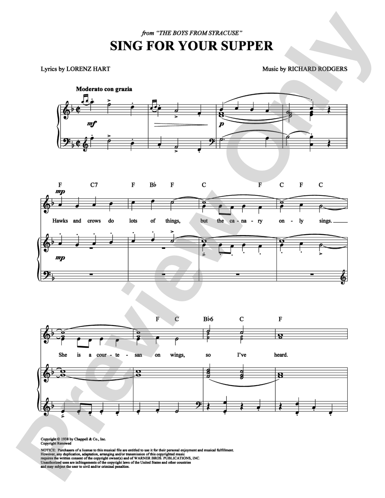 Sing For Your Supper: Piano/Vocal/Chords Digital Sheet Music