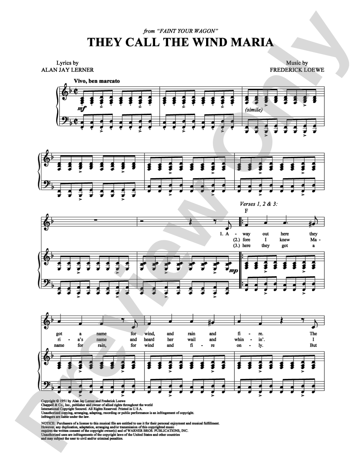 They Call The Wind Maria: Piano/Vocal/Chords Digital Sheet Music
