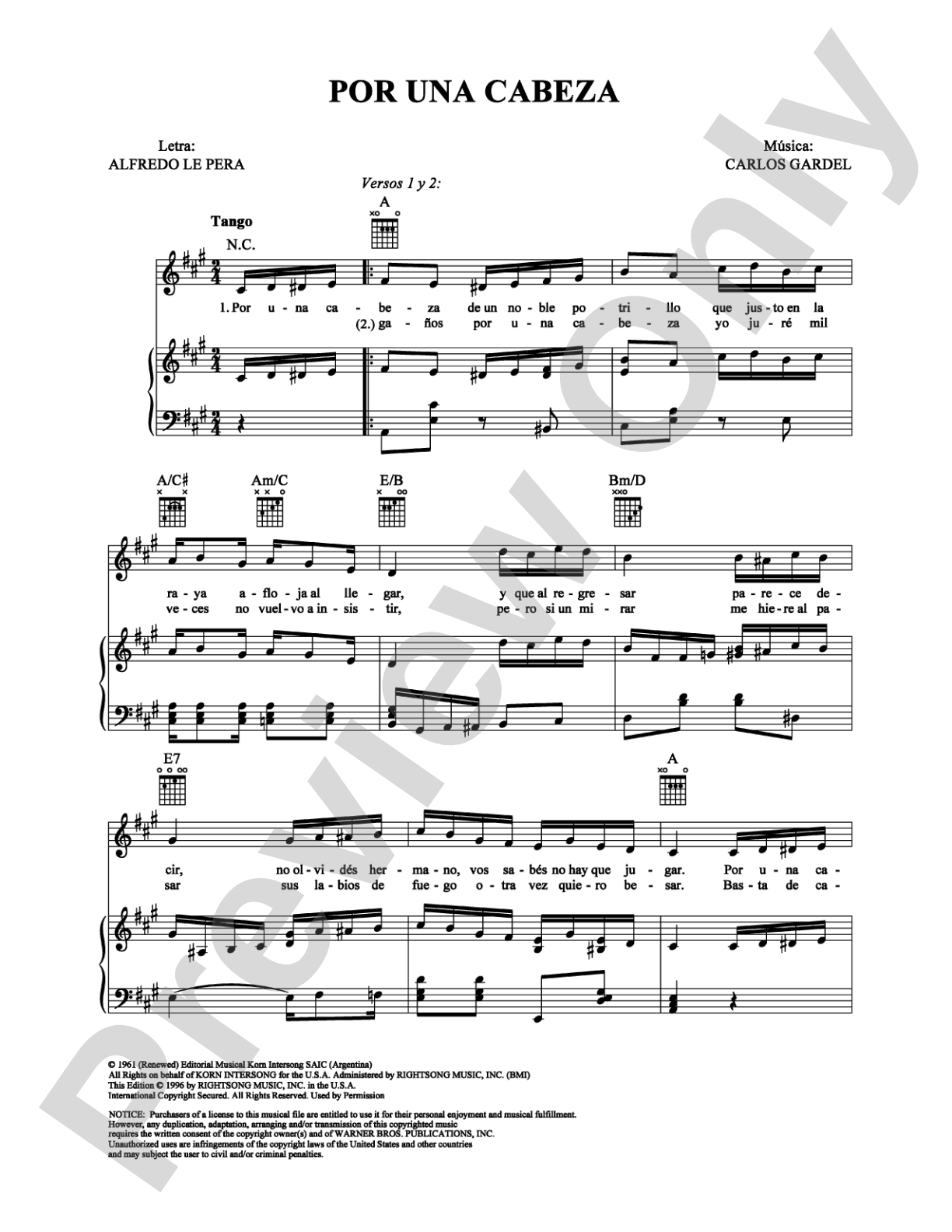 Por Una Cabeza: Piano/Vocal/Chords Digital Sheet Music