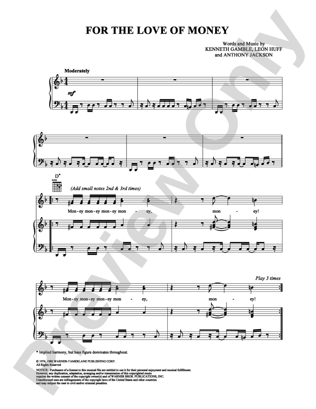 For the Love of Money: Piano/Vocal/Chords Digital Sheet Music