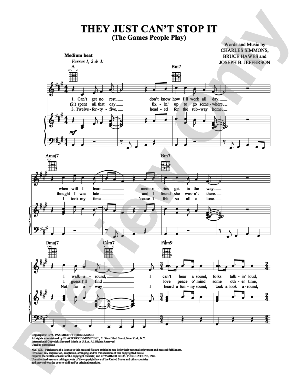 They Just Can't Stop It (The Games People Play): Piano/Vocal/Chords Digital Sheet Music
