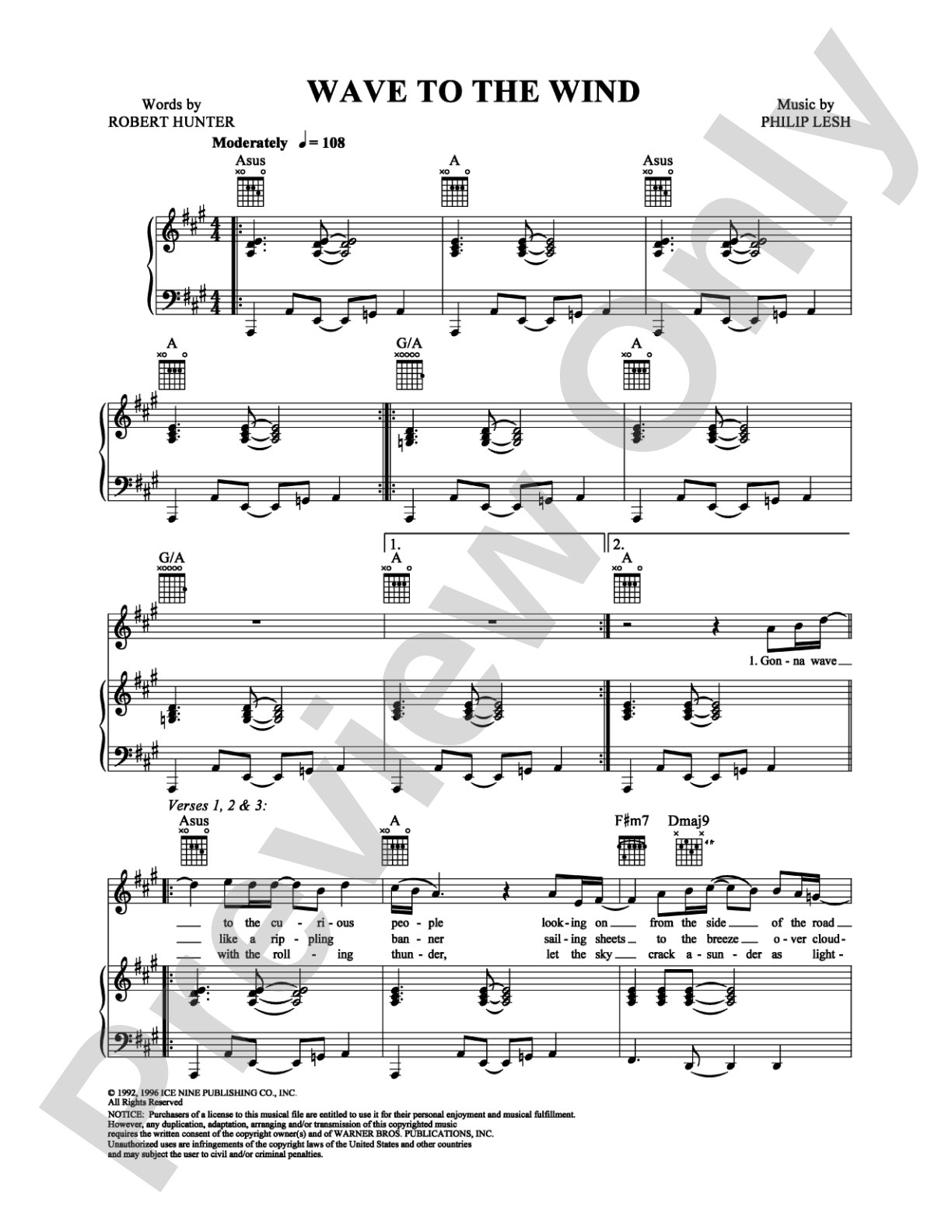 Wave to the Wind: Piano/Vocal/Chords Digital Sheet Music