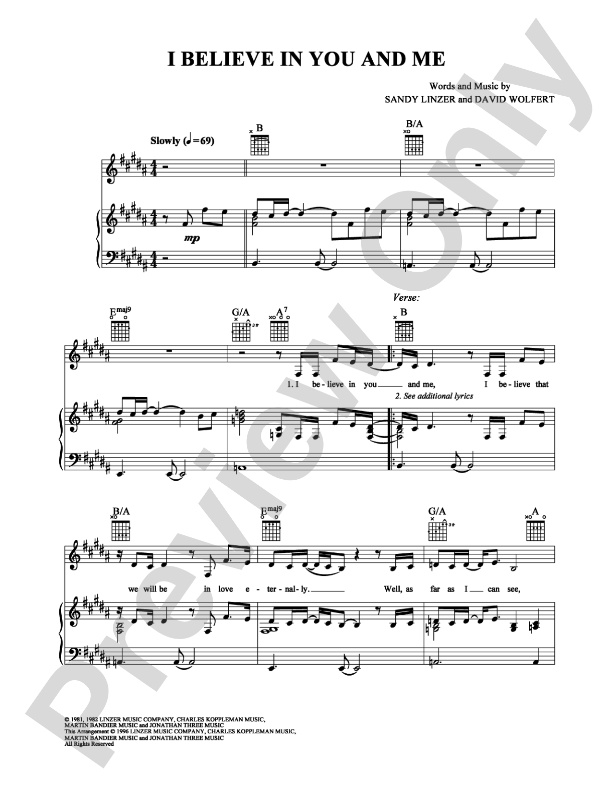 I Believe in You and Me: Piano/Vocal/Chords Digital Sheet Music