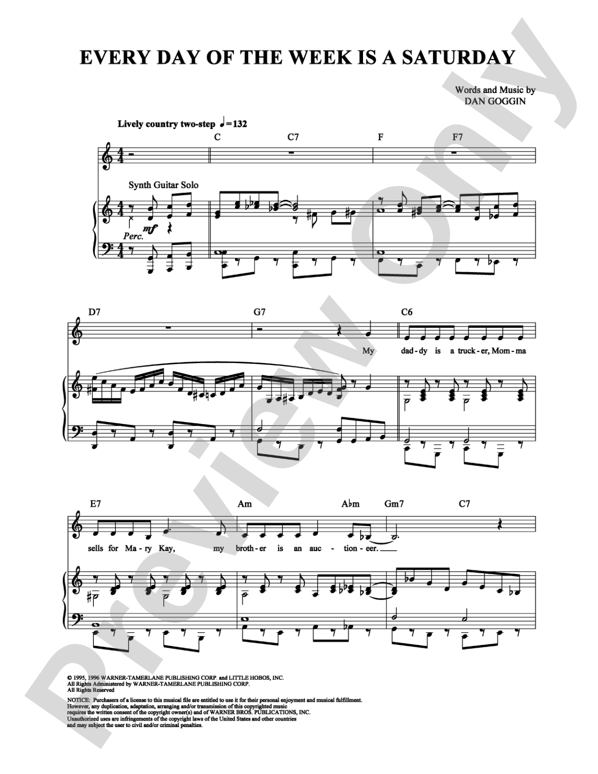 Every Day of the Week is a Saturday: Piano/Vocal/Chords Digital Sheet Music