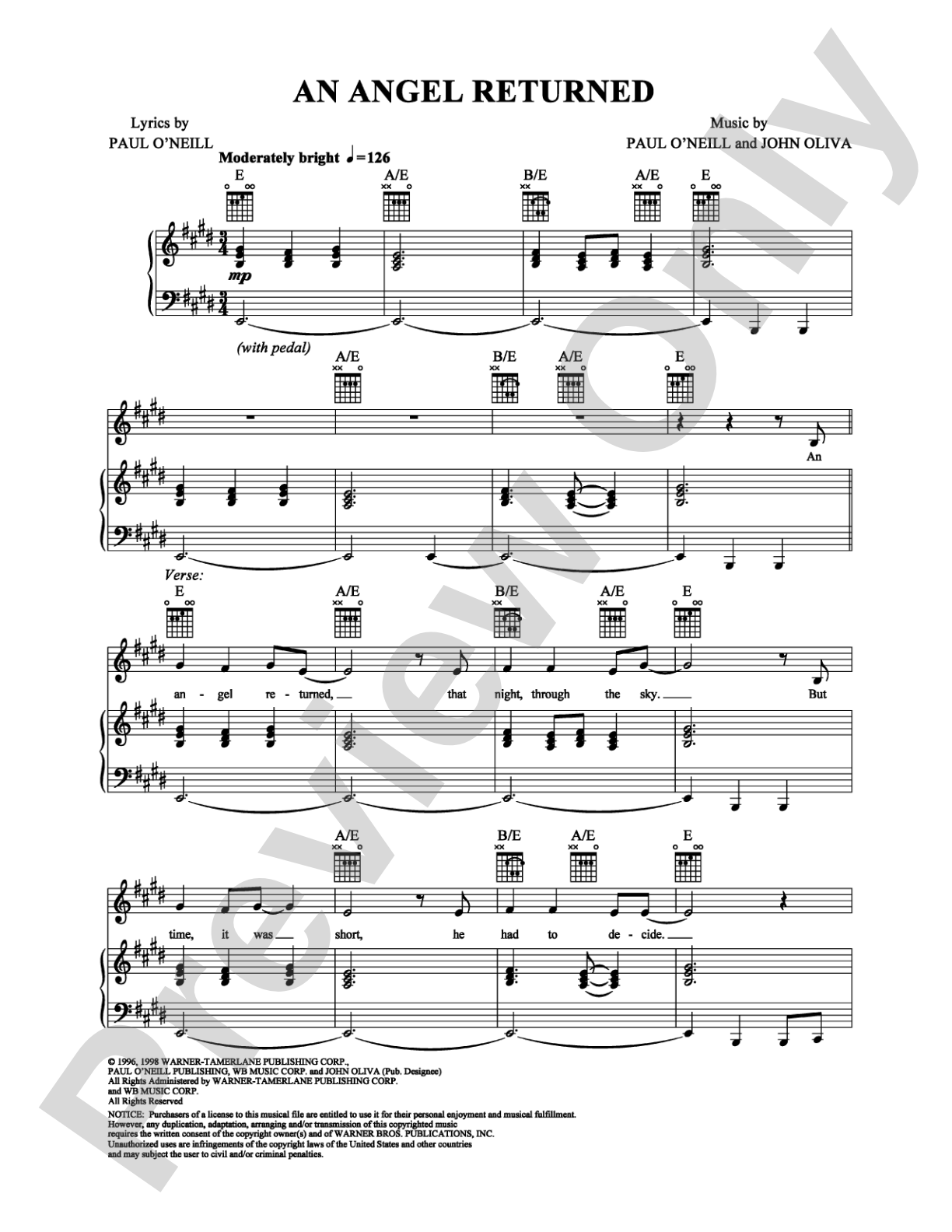 An Angel Returned: Piano/Vocal/Chords Digital Sheet Music