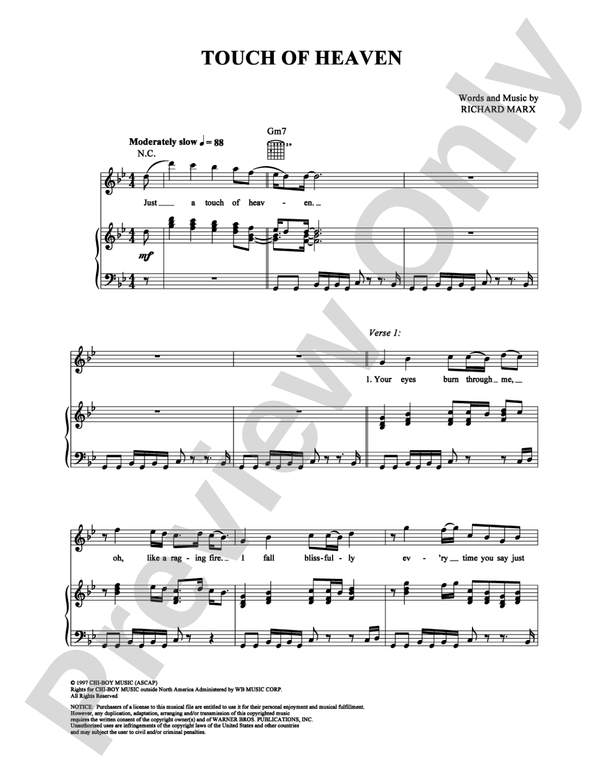 Touch Of Heaven: Piano/Vocal/Chords Digital Sheet Music