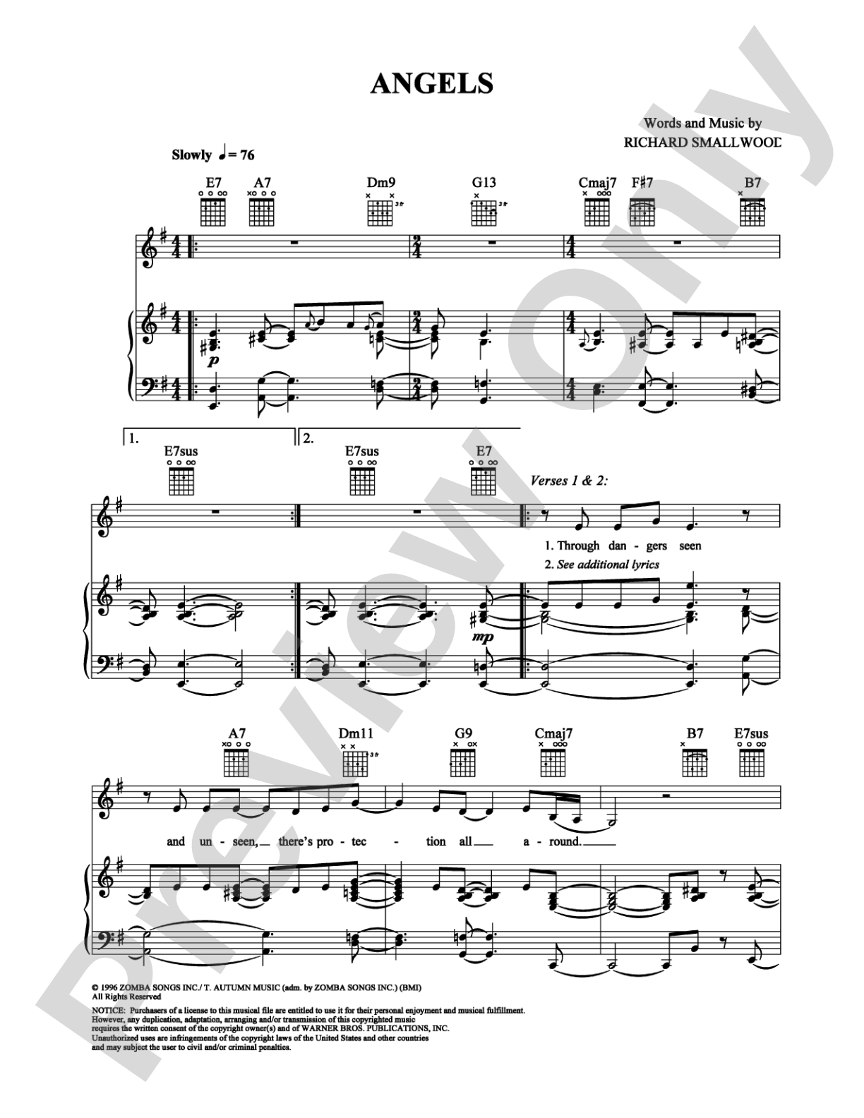 Angels: Piano/Vocal/Chords Digital Sheet Music
