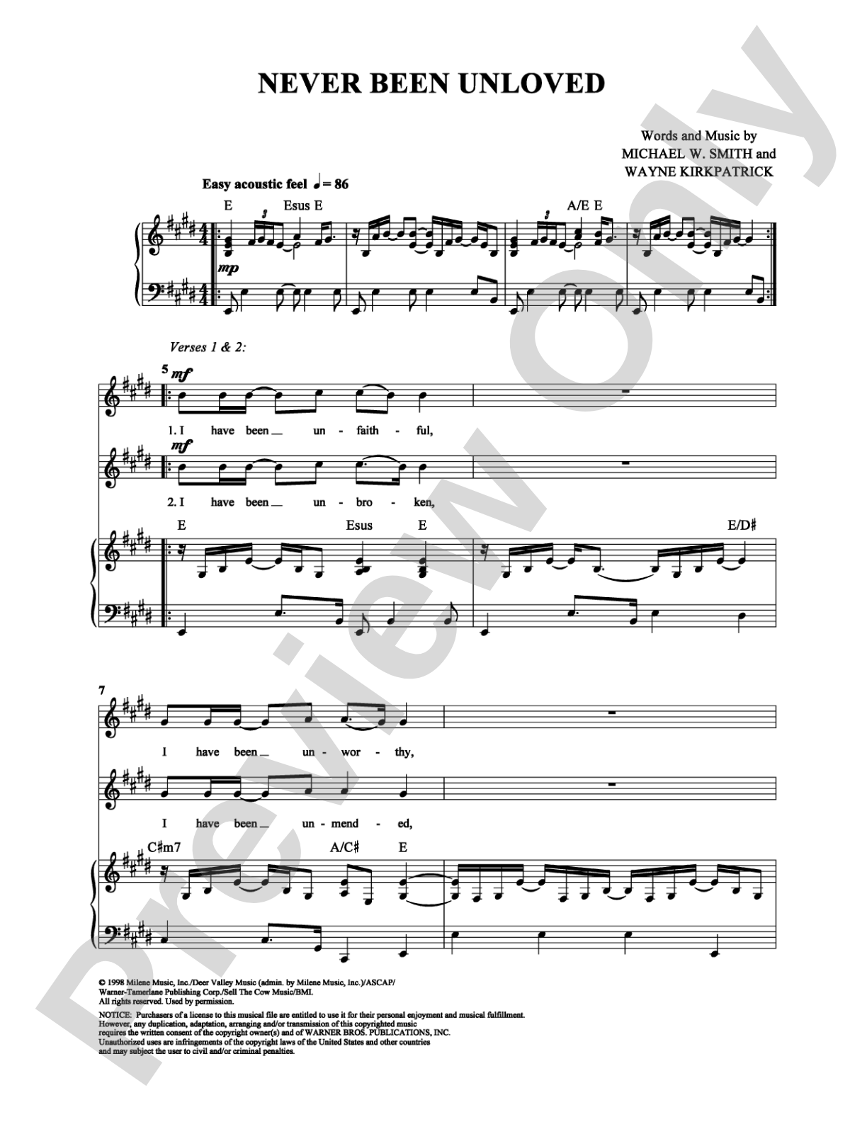 Never Been Unloved: Piano/Vocal/Chords Digital Sheet Music