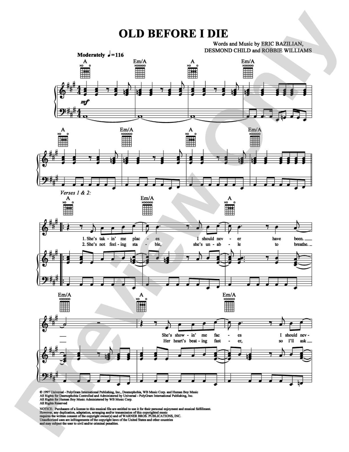 Old Before I Die: Piano/Vocal/Chords Digital Sheet Music