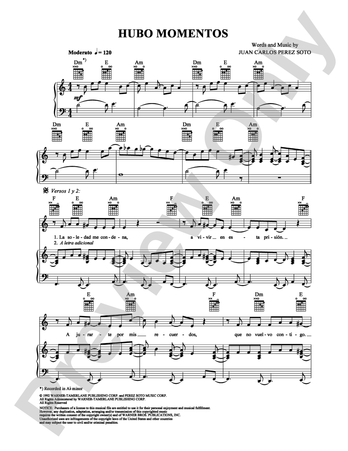 Hubo Momentos: Piano/Vocal/Chords Digital Sheet Music