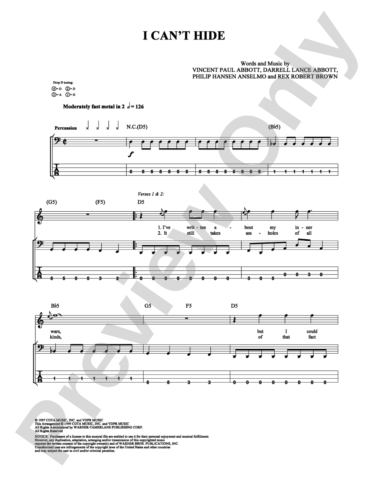 I Can't Hide: Bass TAB Digital Sheet Music