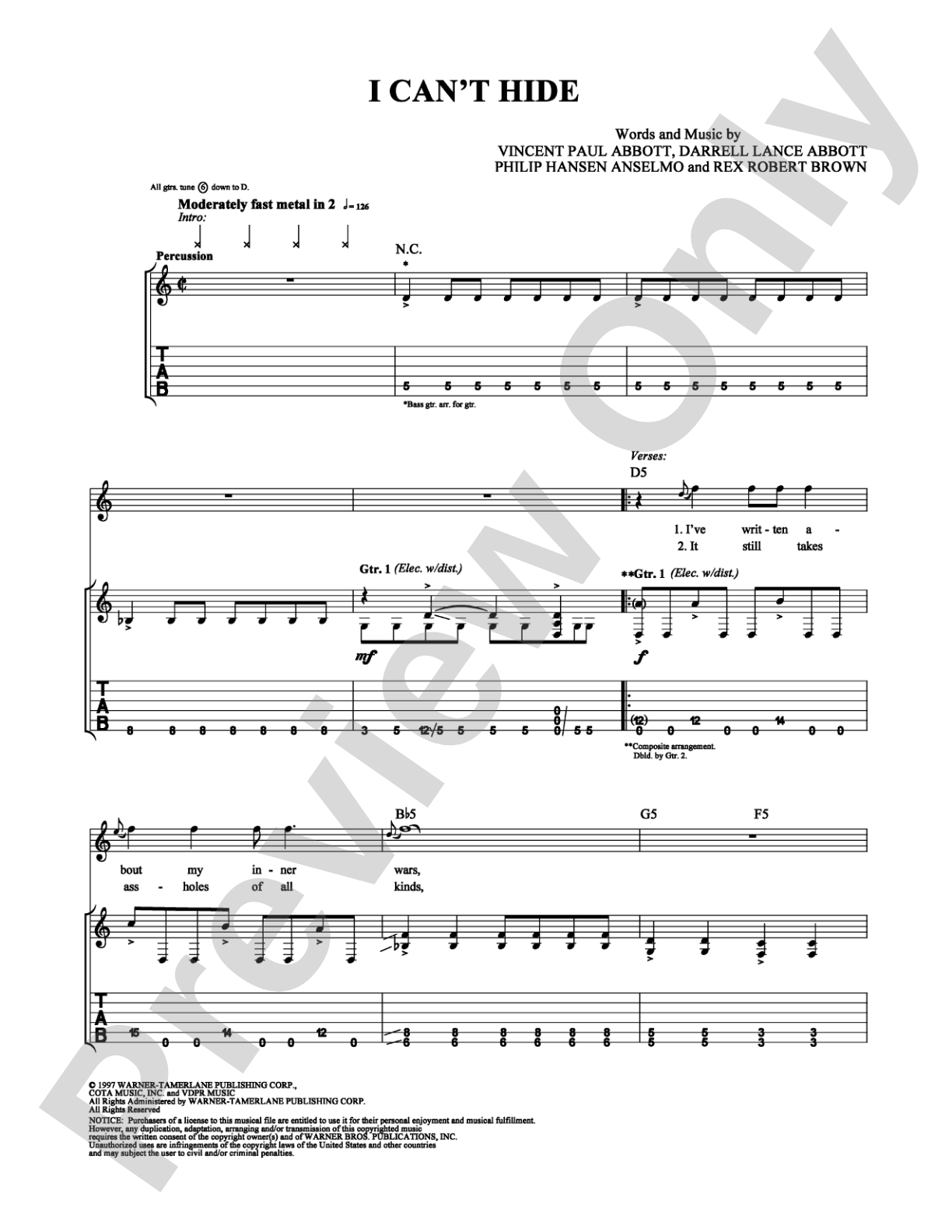 I Can't Hide: Guitar TAB Digital Sheet Music