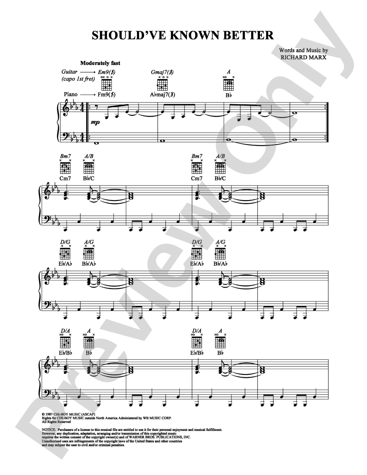 Should've Known Better: Piano/Vocal/Chords Digital Sheet Music