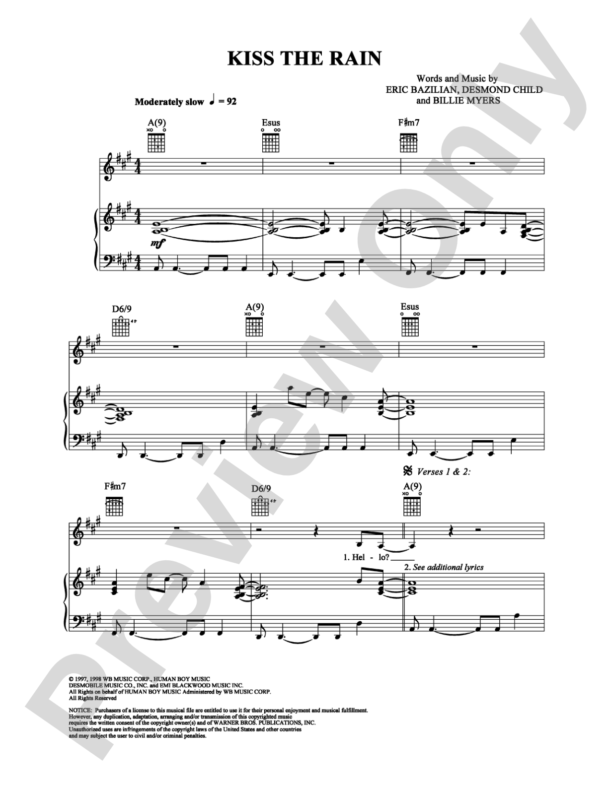 Kiss The Rain: Piano/Vocal/Chords Digital Sheet Music