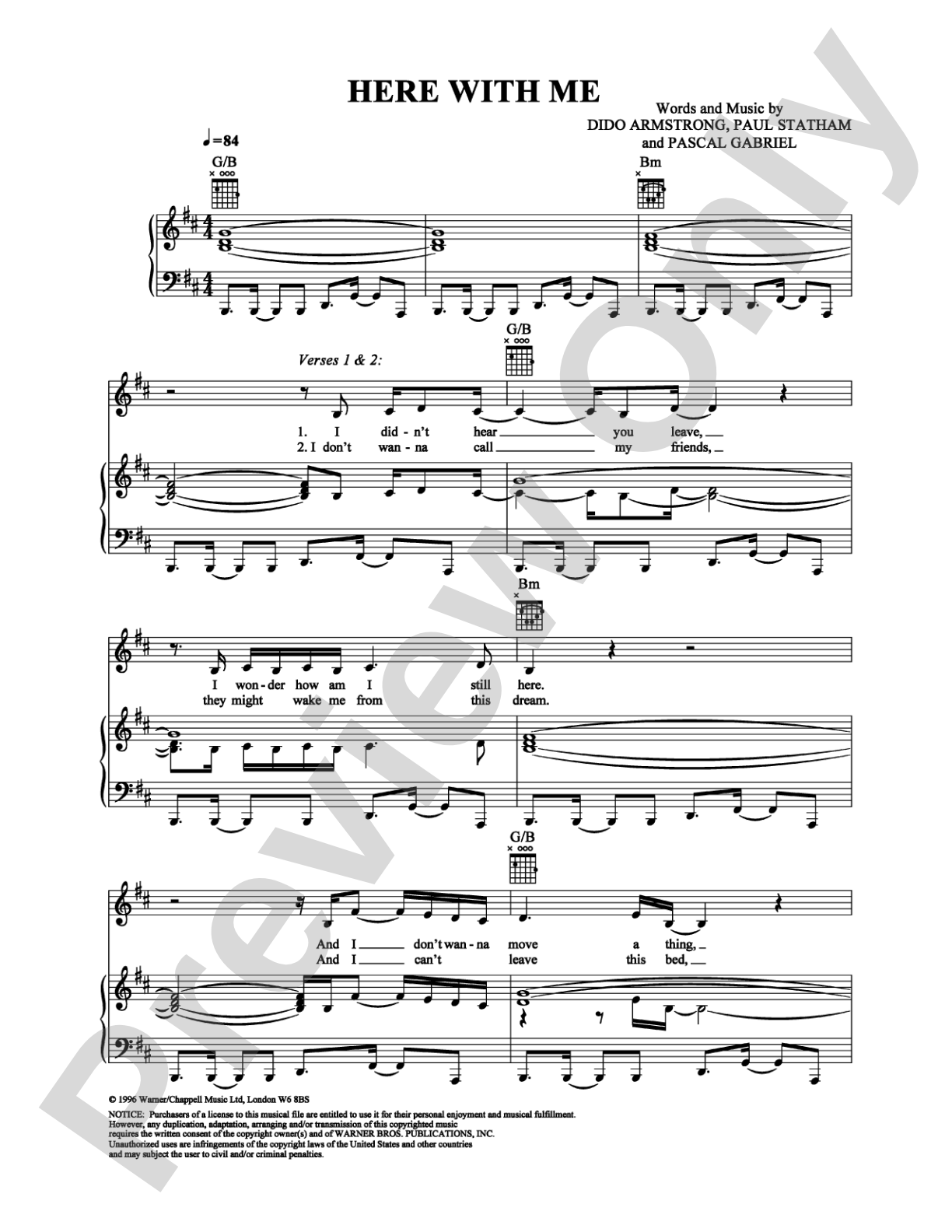 Here With Me: Piano/Vocal/Chords Digital Sheet Music