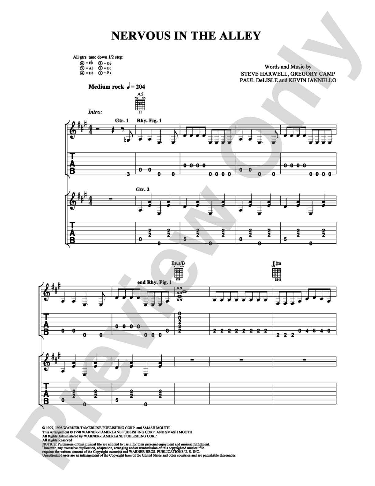 Nervous in the Alley: Guitar TAB Digital Sheet Music
