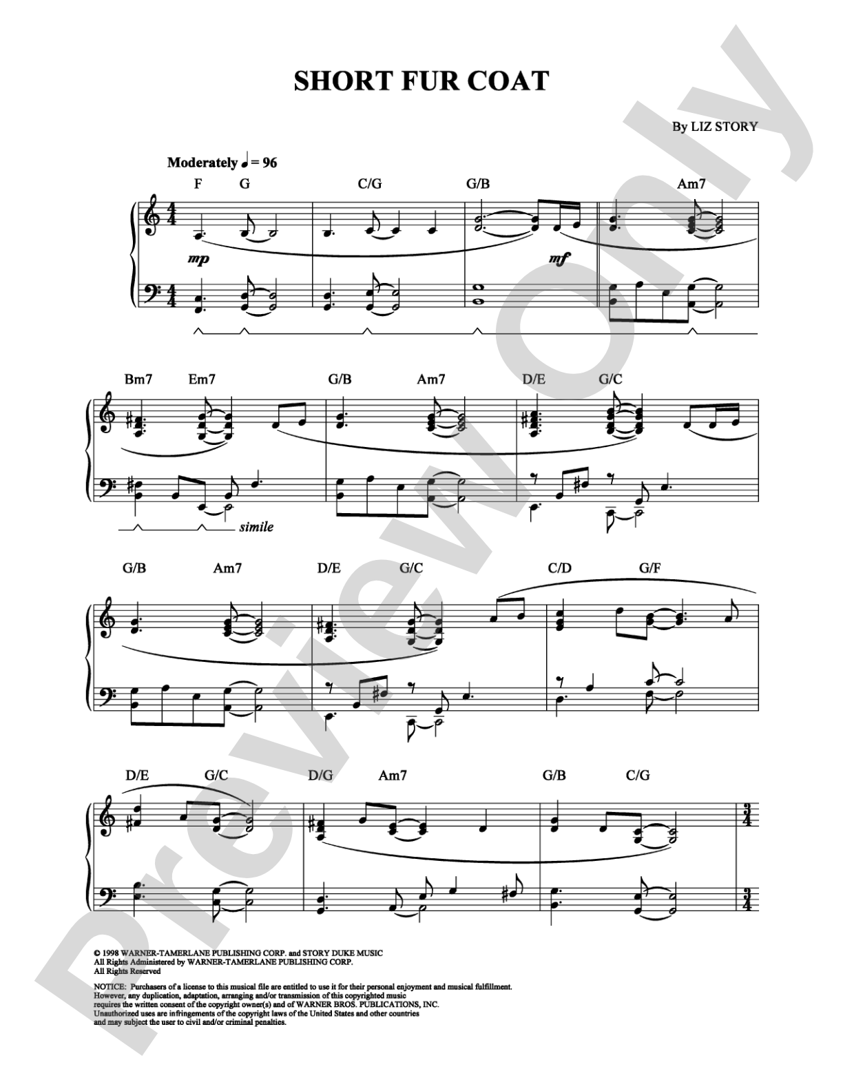 Short Fur Coat: Piano Digital Sheet Music