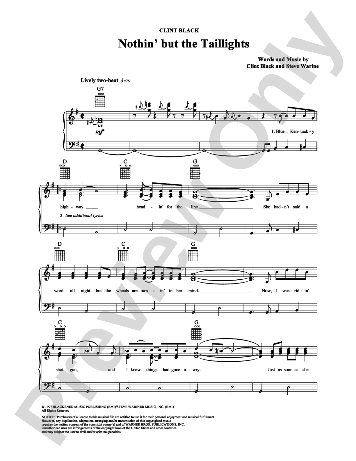 Nothin' But The Taillights: Piano/Vocal/Chords Digital Sheet Music