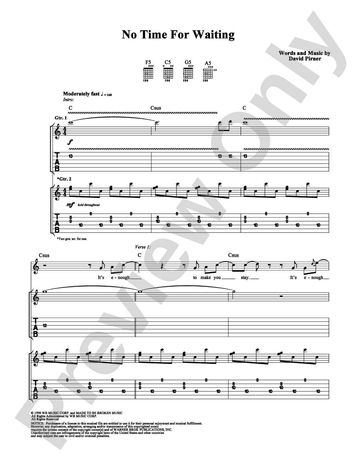 No Time For Waiting: Guitar TAB Digital Sheet Music