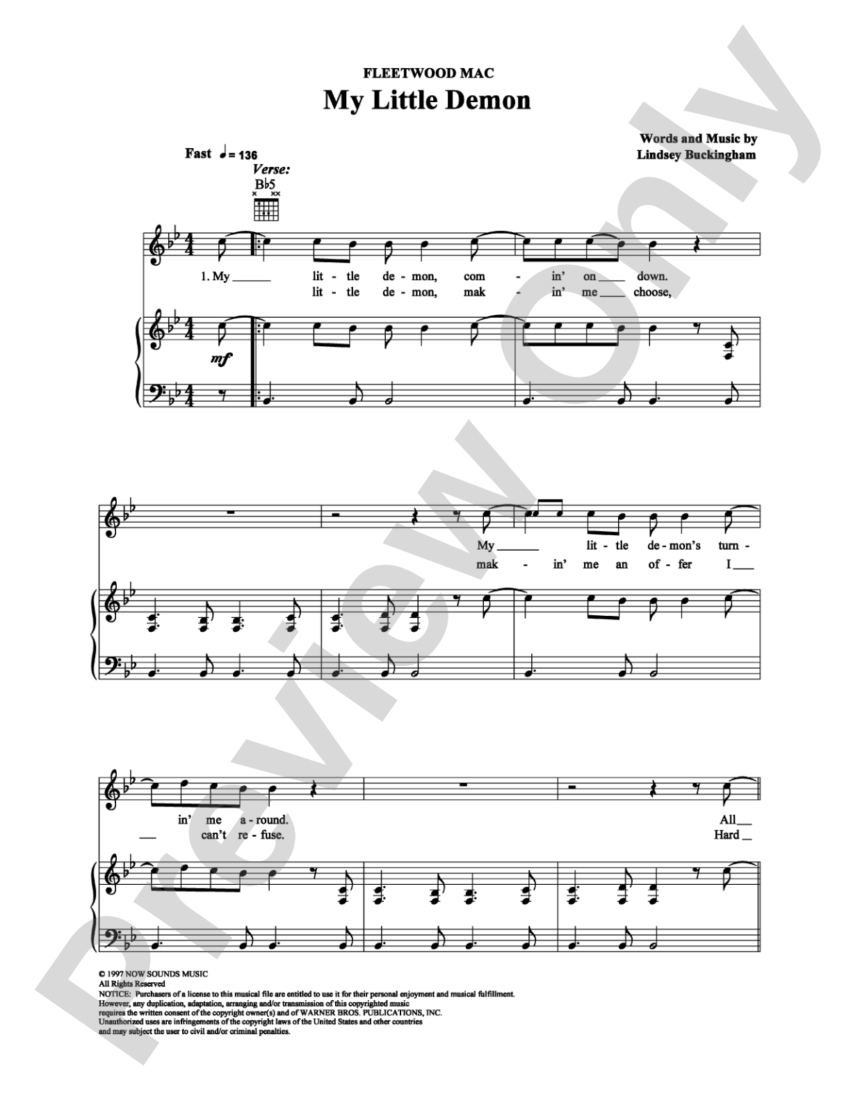 My Little Demon: Piano/Vocal/Chords Digital Sheet Music