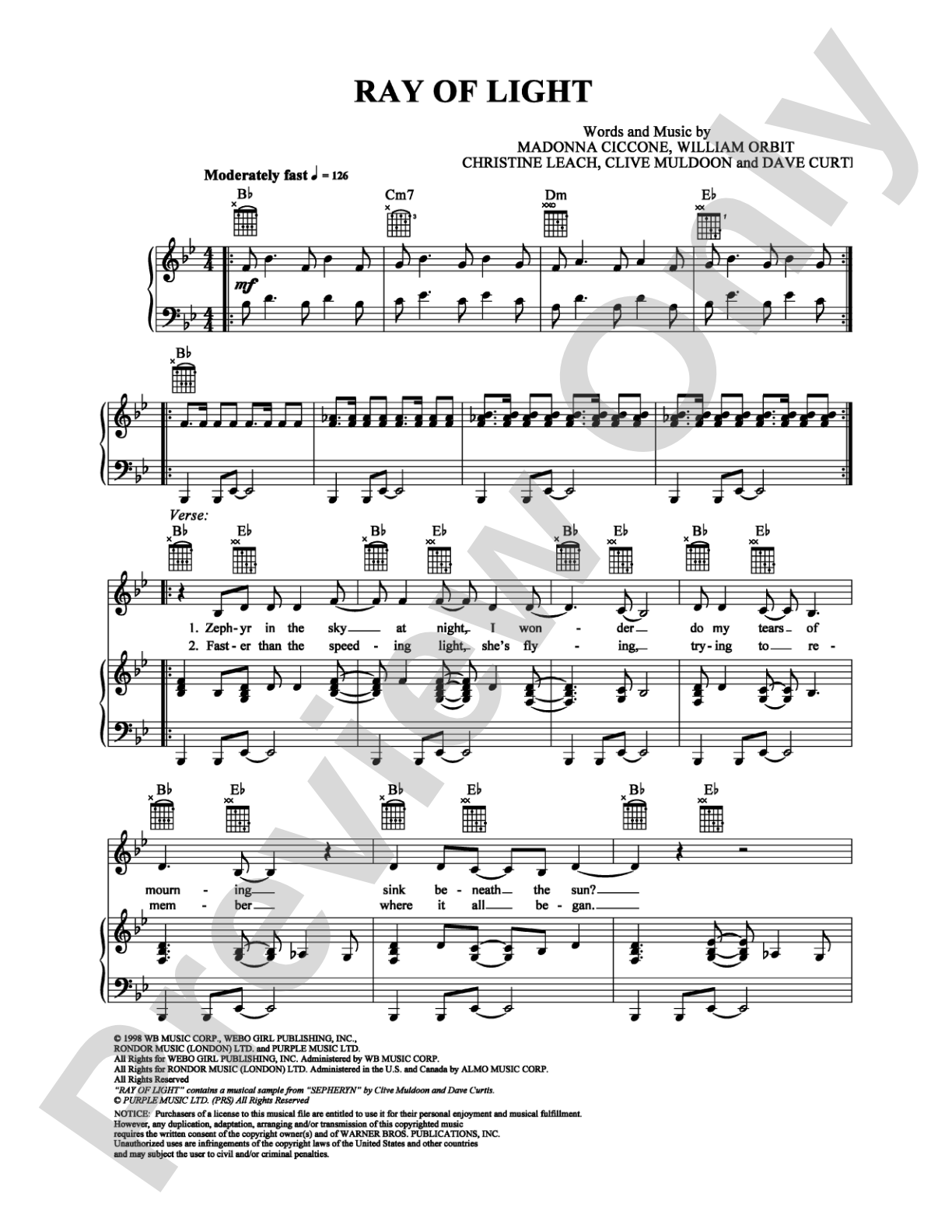 Ray Of Light: Piano/Vocal/Chords Digital Sheet Music