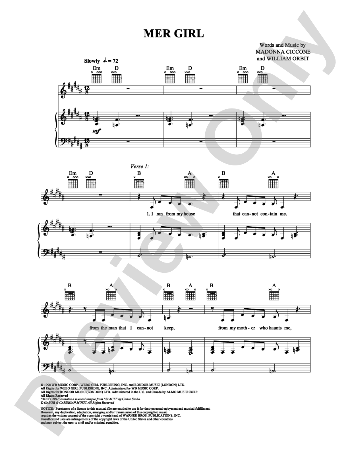 Mer Girl: Piano/Vocal/Chords Digital Sheet Music
