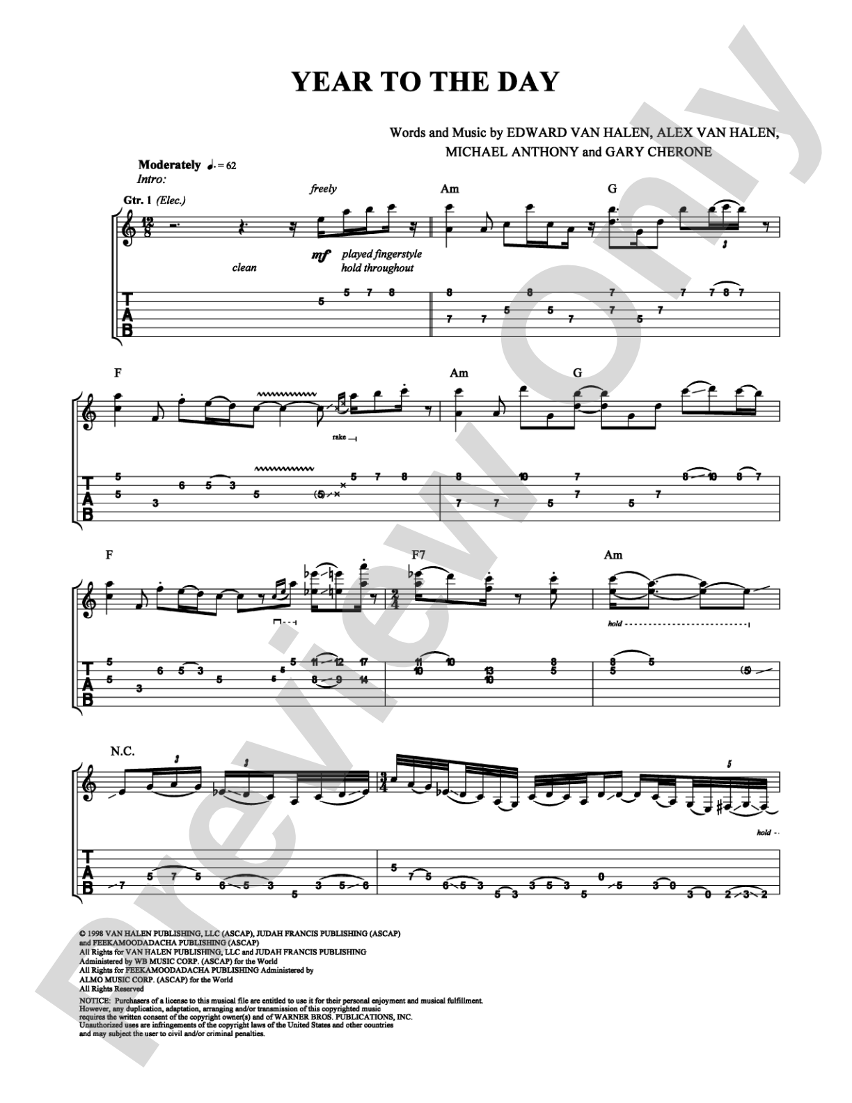 Year to the Day: Guitar TAB Digital Sheet Music