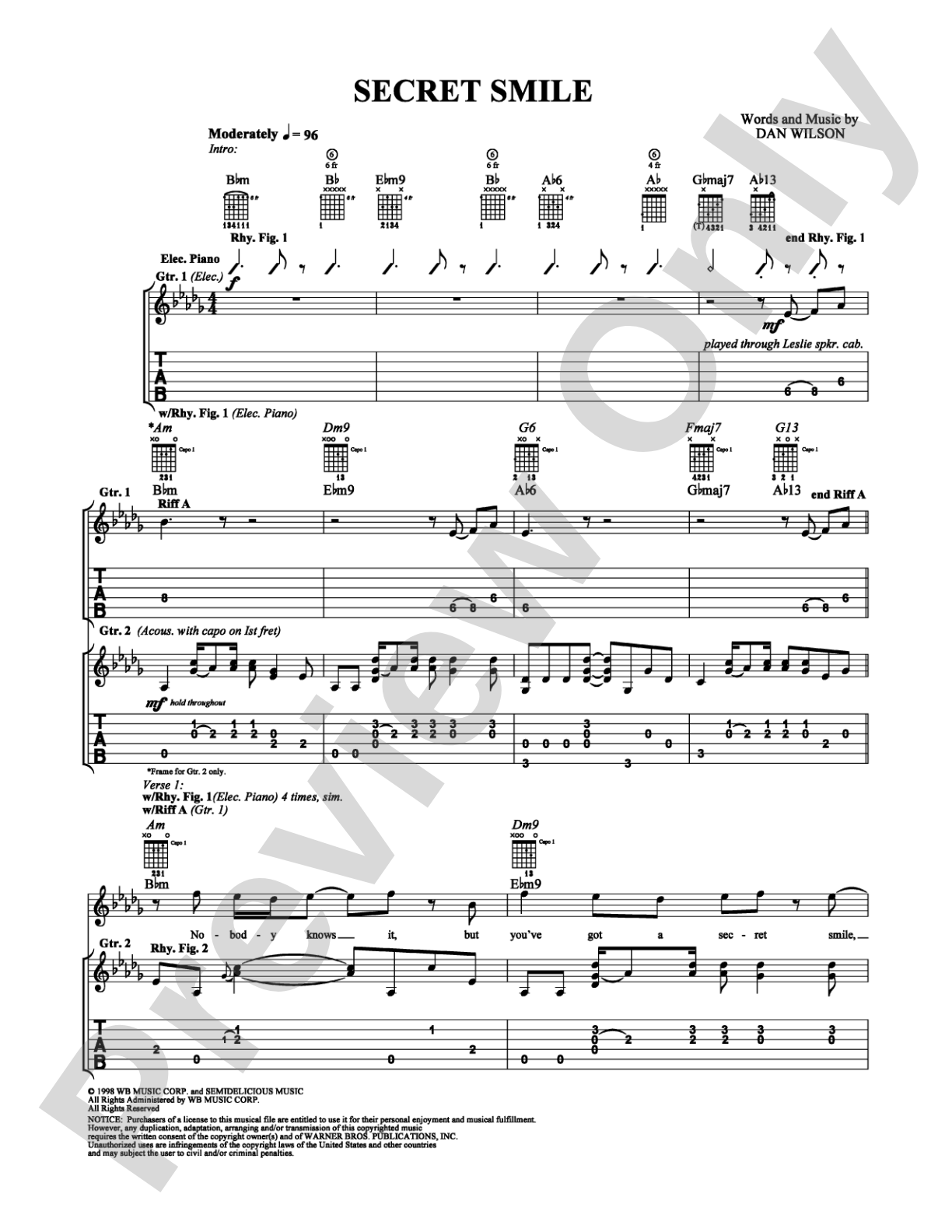Secret Smile: Guitar TAB Digital Sheet Music
