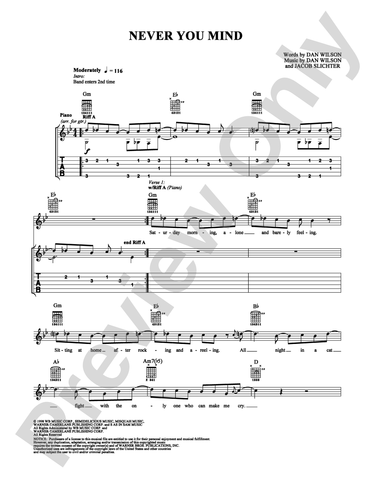 Never You Mind: Guitar TAB Digital Sheet Music