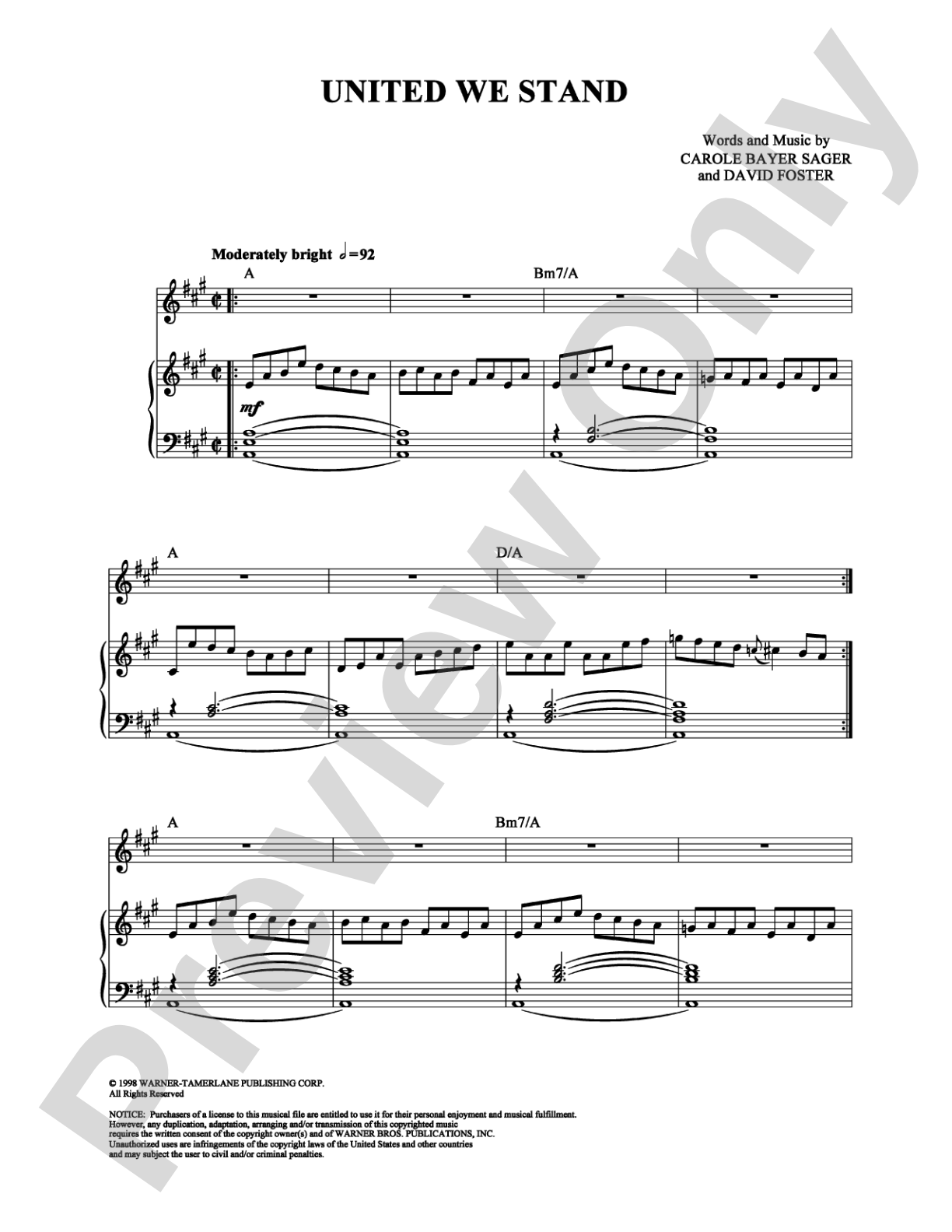 United We Stand: Piano/Vocal/Chords Digital Sheet Music