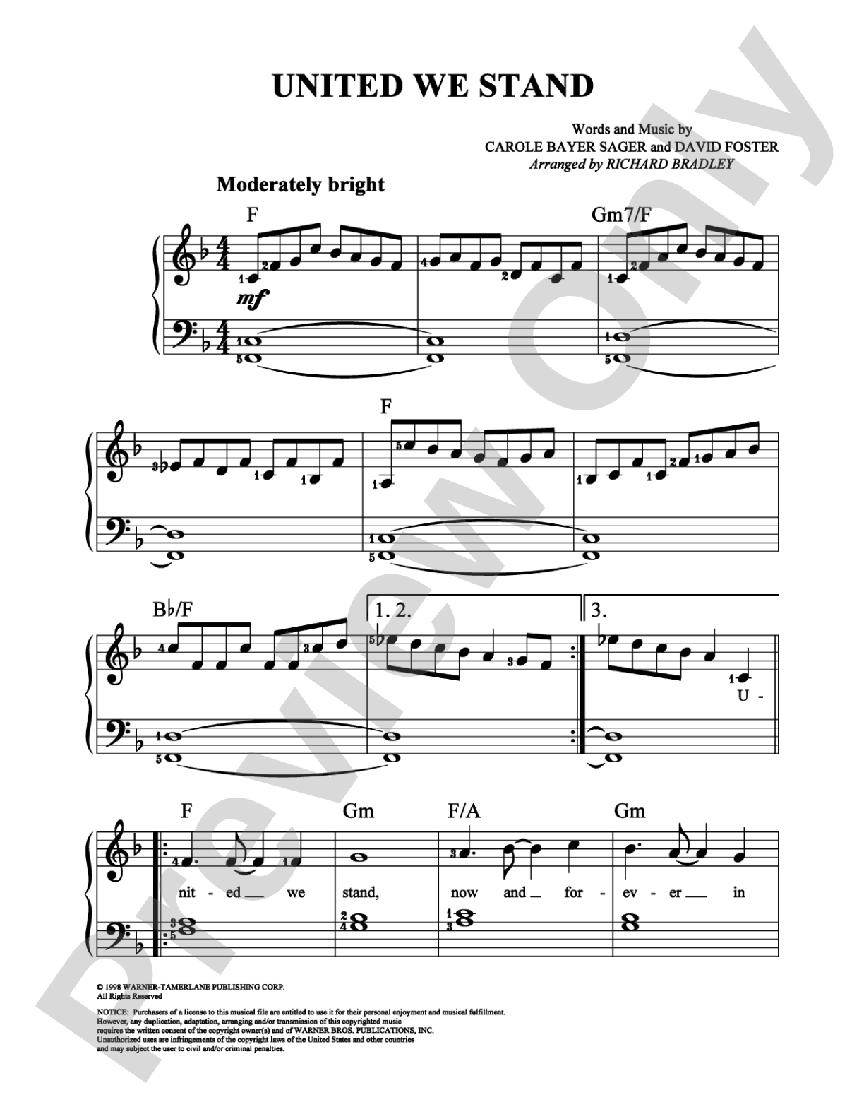 United We Stand: Easy Piano Digital Sheet Music