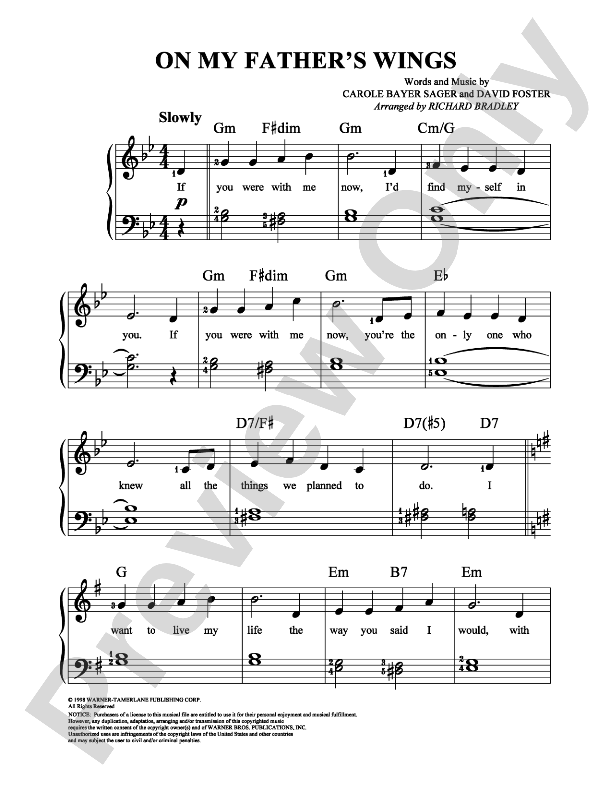 On My Father's Wings: Easy Piano Digital Sheet Music