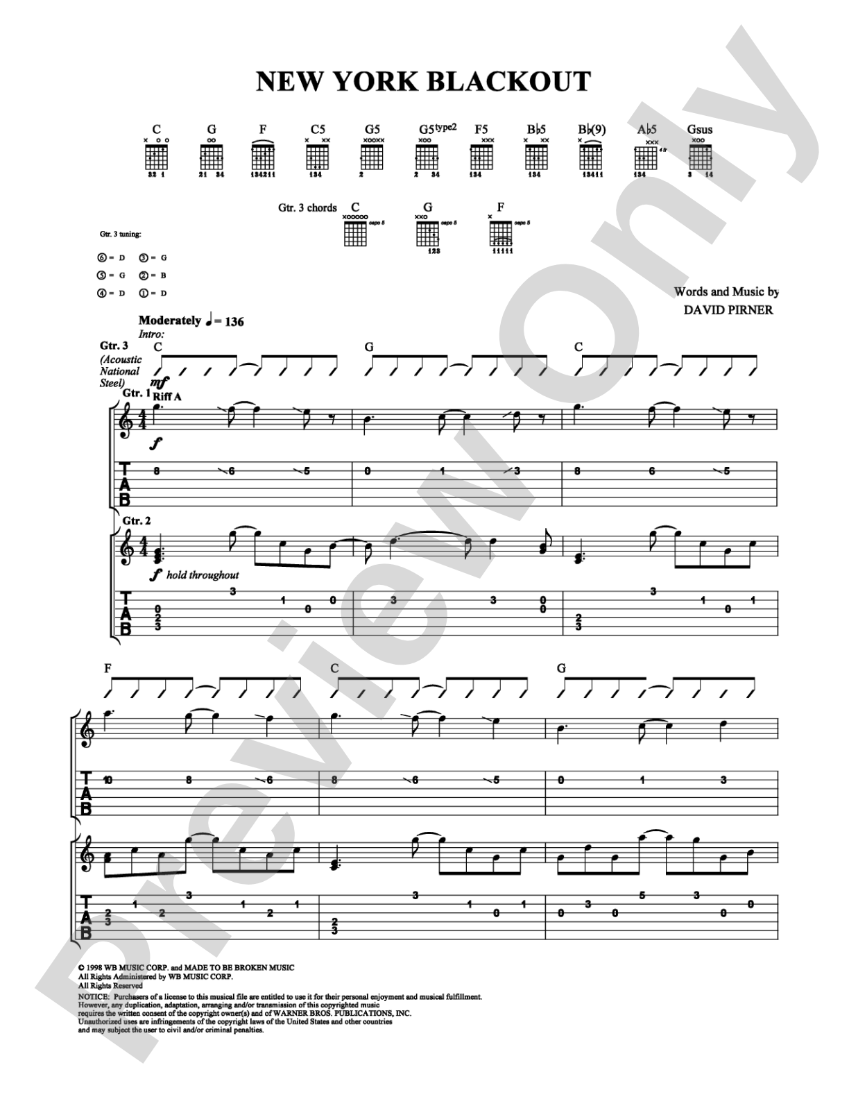 New York Blackout: Guitar TAB Digital Sheet Music