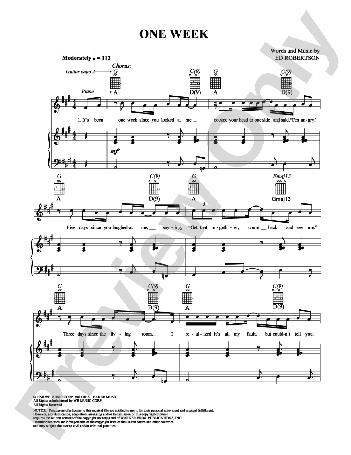 One Week: Piano/Vocal/Chords Digital Sheet Music