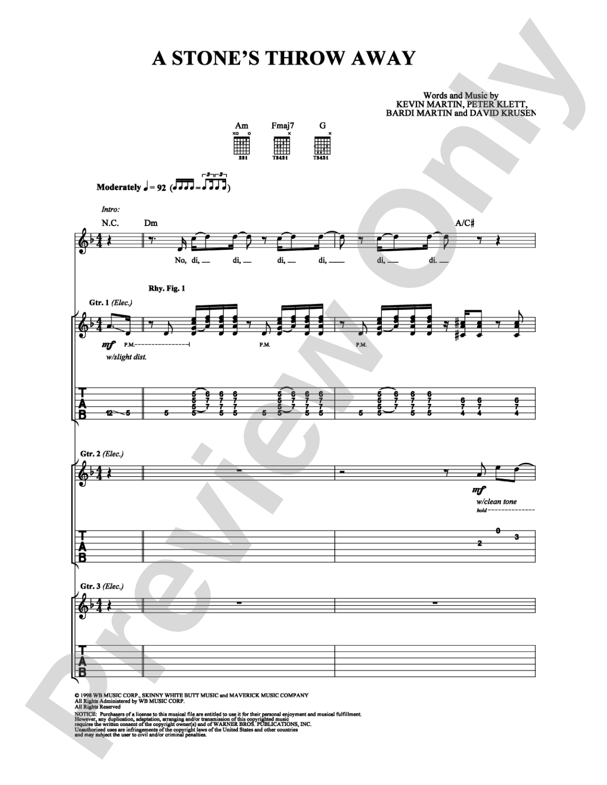 A Stone's Throw Away: Guitar TAB Digital Sheet Music