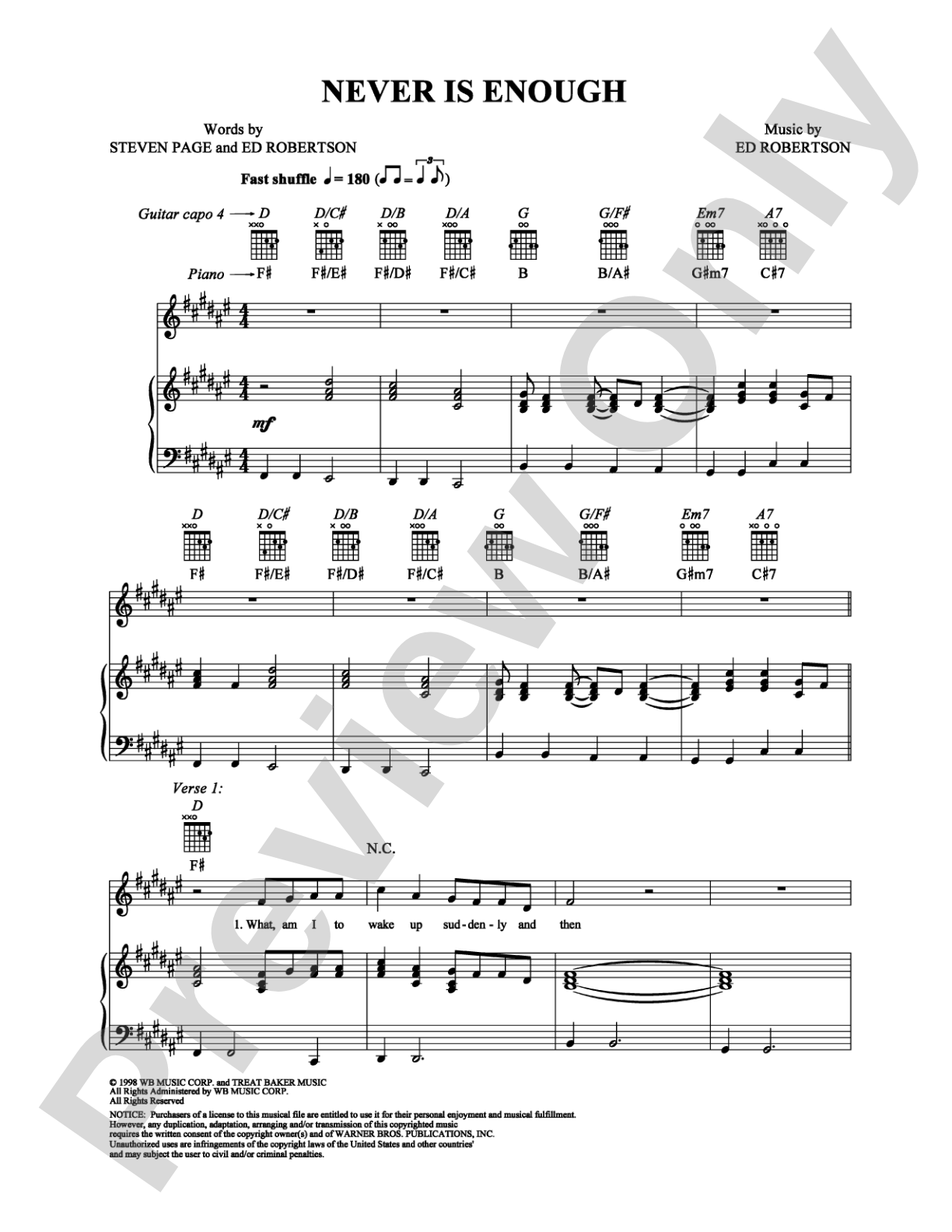 Never Is Enough: Piano/Vocal/Chords Digital Sheet Music