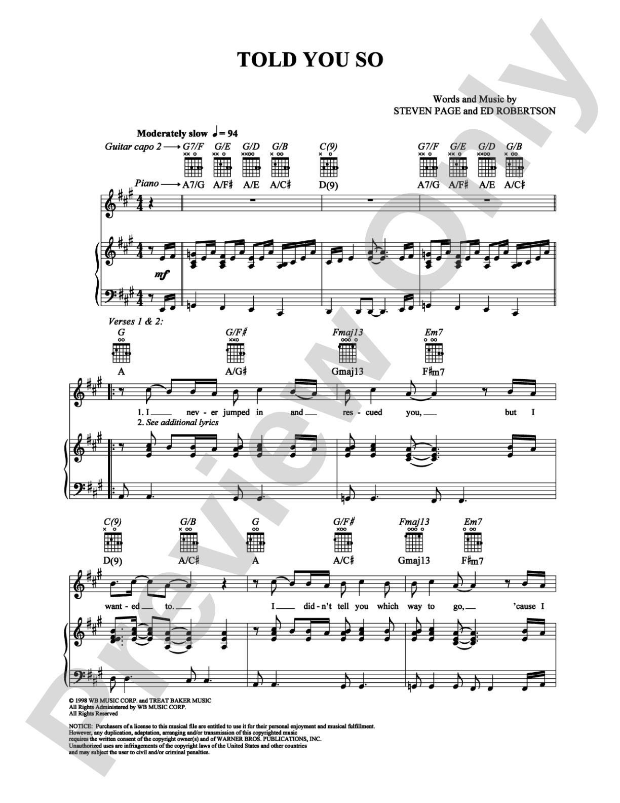 Told You So: Piano/Vocal/Chords Digital Sheet Music