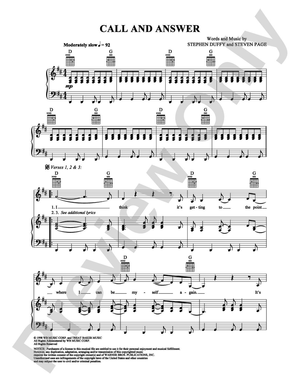Call and Answer: Piano/Vocal/Chords Digital Sheet Music