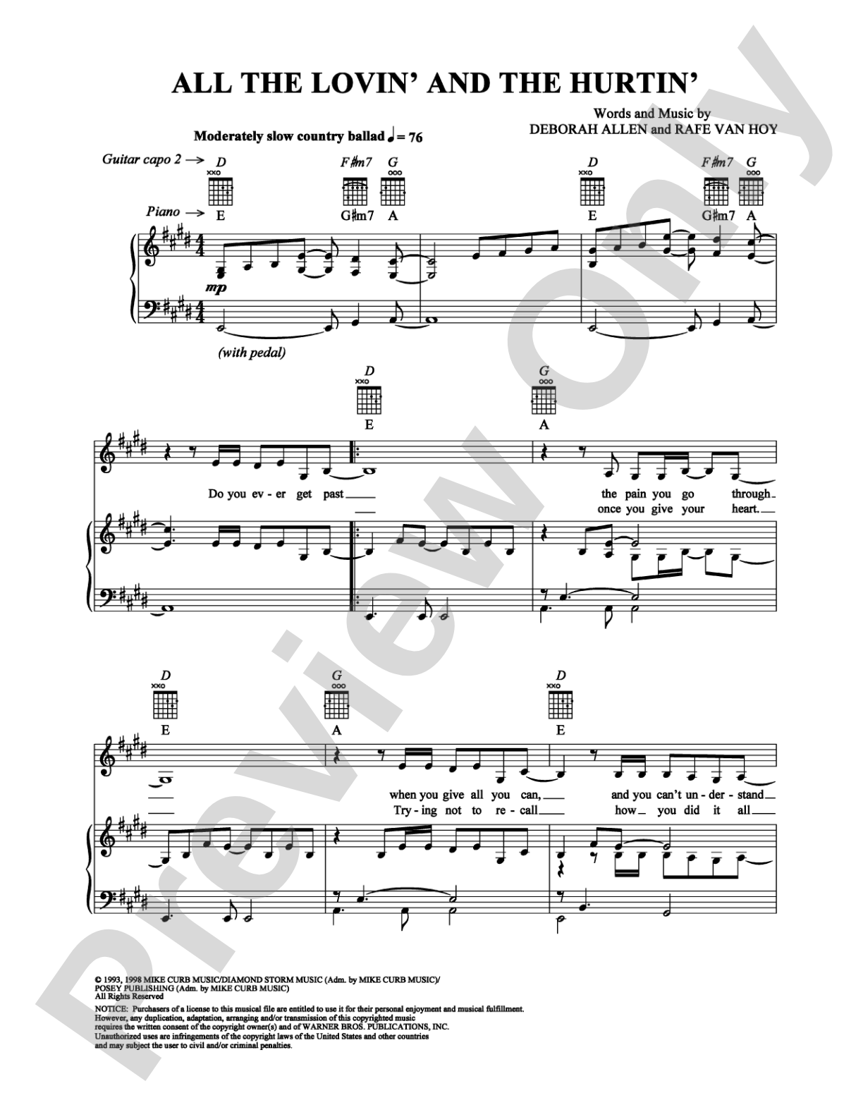 All the Lovin' and the Hurtin': Piano/Vocal/Chords Digital Sheet Music