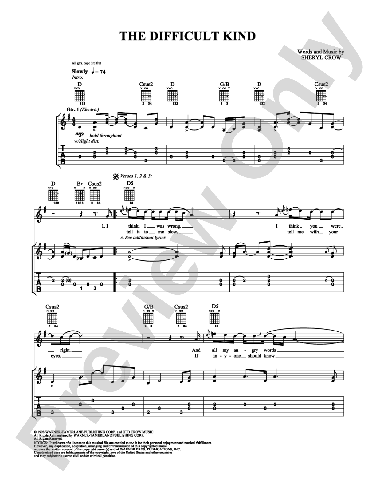 The Difficult Kind: Guitar TAB Digital Sheet Music